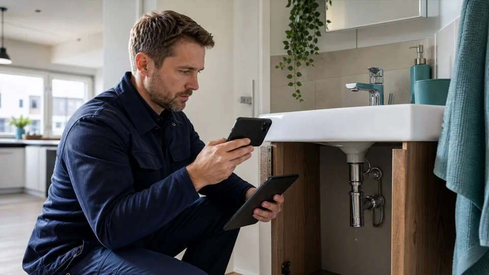 Techniker dokumentiert einen Mangel in einer Wohnung mit Smartphone und Tablet