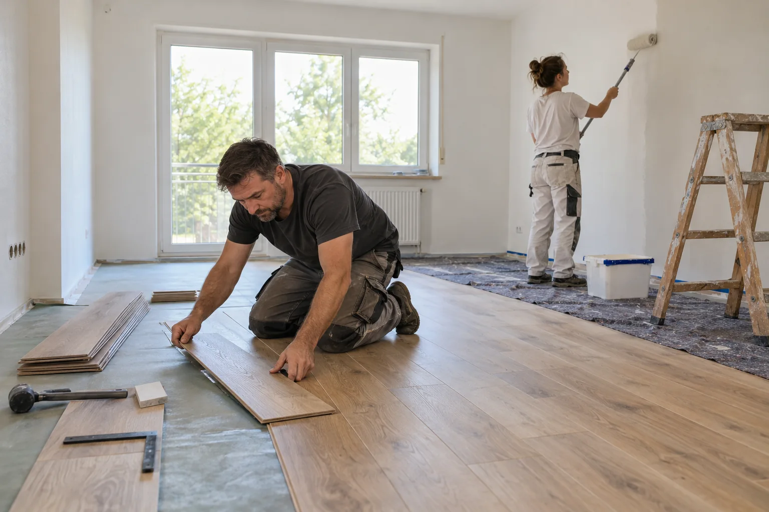 Symbolbild: Zwei Handwerker verlegen einen Boden und streichen die Wand einer Wohnung