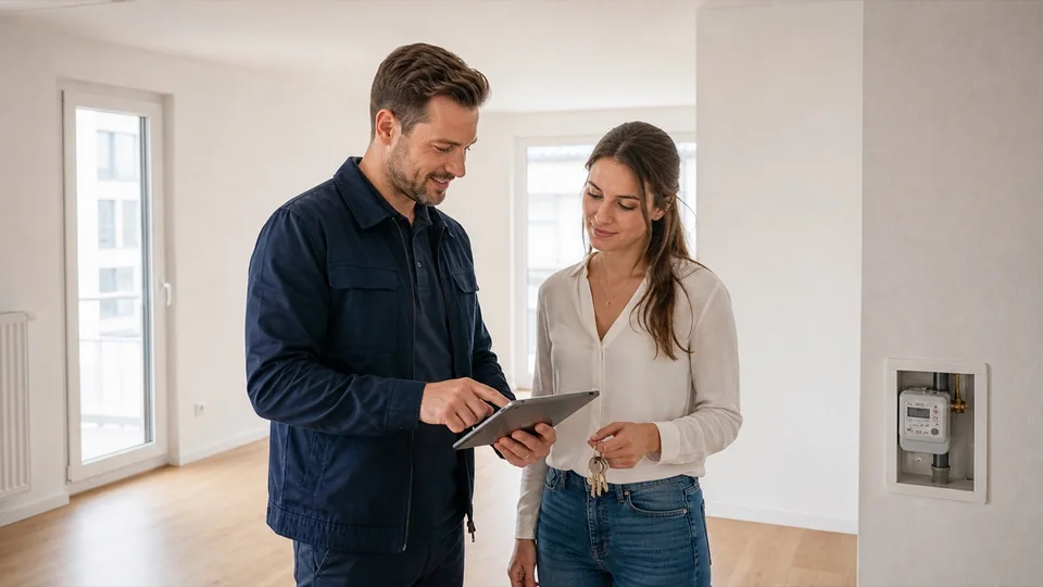 Digitale Wohnungsübergabe mit Bewohnerin, Tablet, Schlüsseln und Zählerstand
