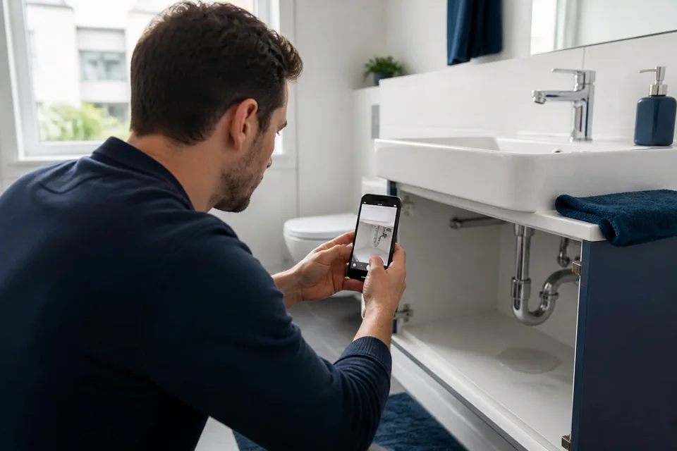 Bewohner dokumentiert einen Mangel am Waschbecken mit dem Smartphone
