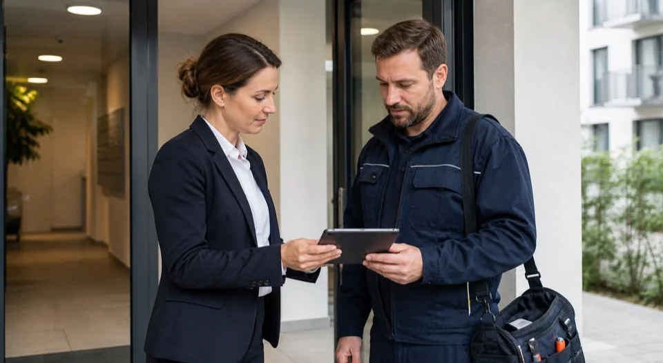 Hausverwaltung übergibt einen vorbereiteten Auftrag digital an den Techniker